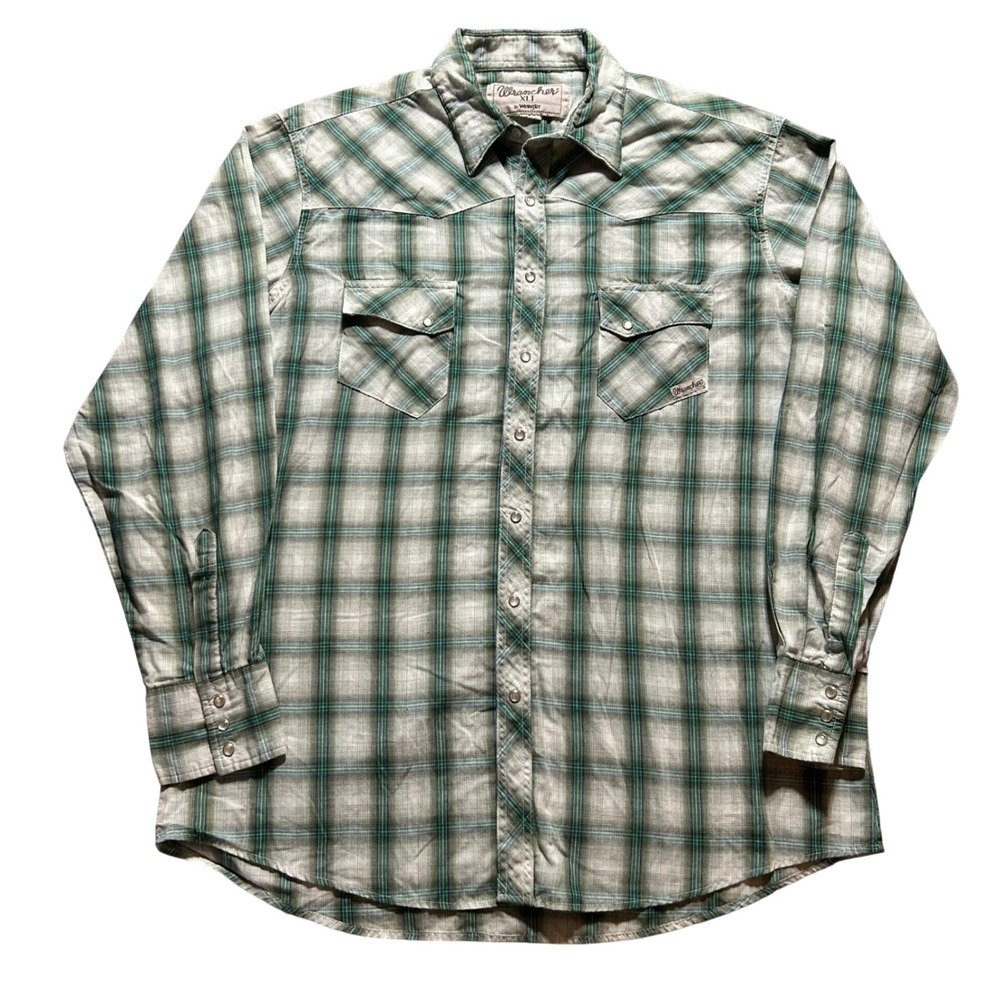 Wrangler Wrancher Western Shirt Men XLT Green Plaid Pearl Snap Long Sleeve 1084